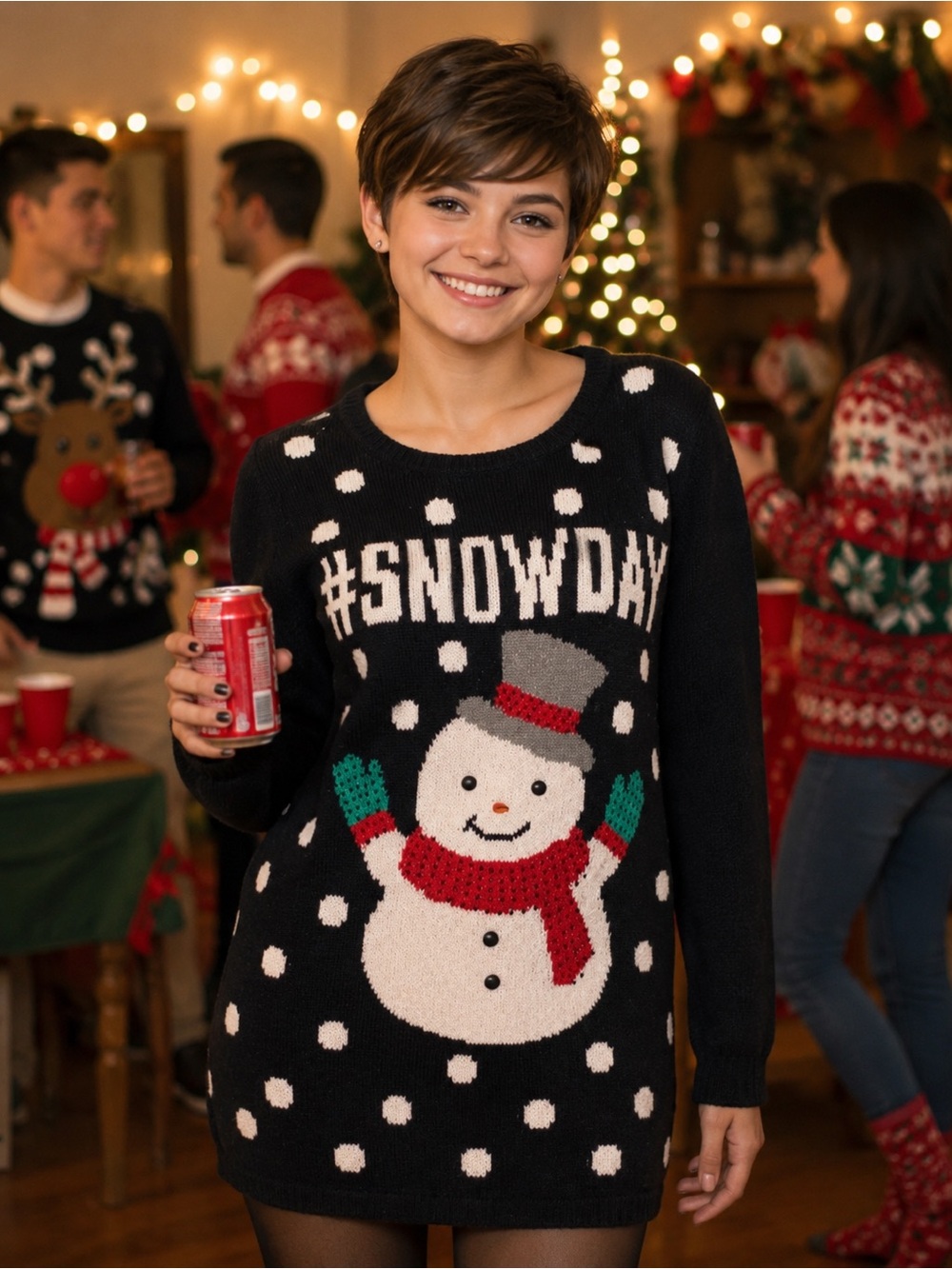 Ugly Christmas Sweater Smiling Rhinestone Snowman Junior Sz 14 Party Ready